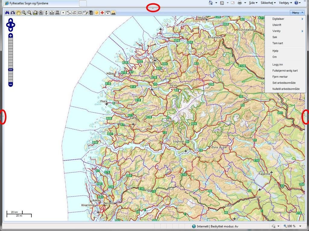 Kartvisning i heile skjermvindauge I den nye versjonen har ein mogligheit for kartvisning i heile skjermvindauge. Det er også mogleg å skjule topp- og siderammar enkeltvis.