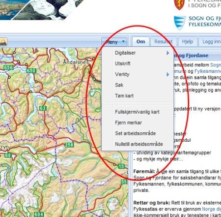 Meny/verktøyrad I tidlegare versjon av Fylkesatlas var brukargrensesnittet delt mellom enkel og avansert løysing. Dette er vekke i den nye versjonen.