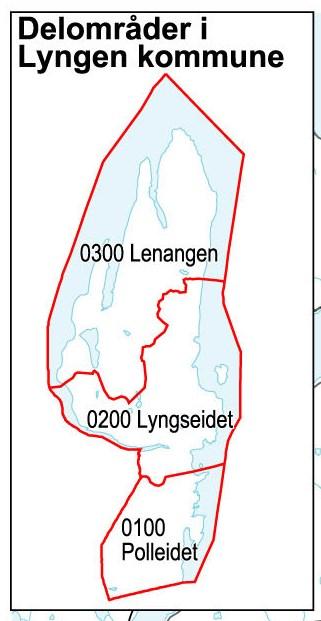 1.3 Bosettingsmønster internt i kommunen Kommunen er delt inn i 3 delområder: Polleidet, Lyngseidet og Lenangen.