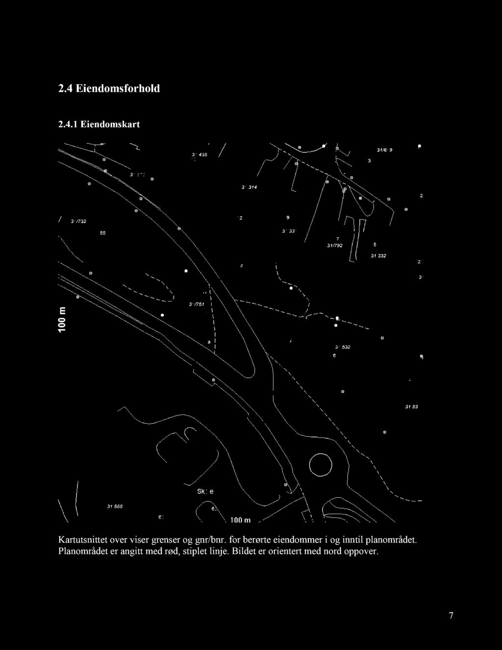 2.4 Eiendomsforhold 2.4.1 Eiendomskart Kartutsnittet over viser grenser og gnr/bnr.