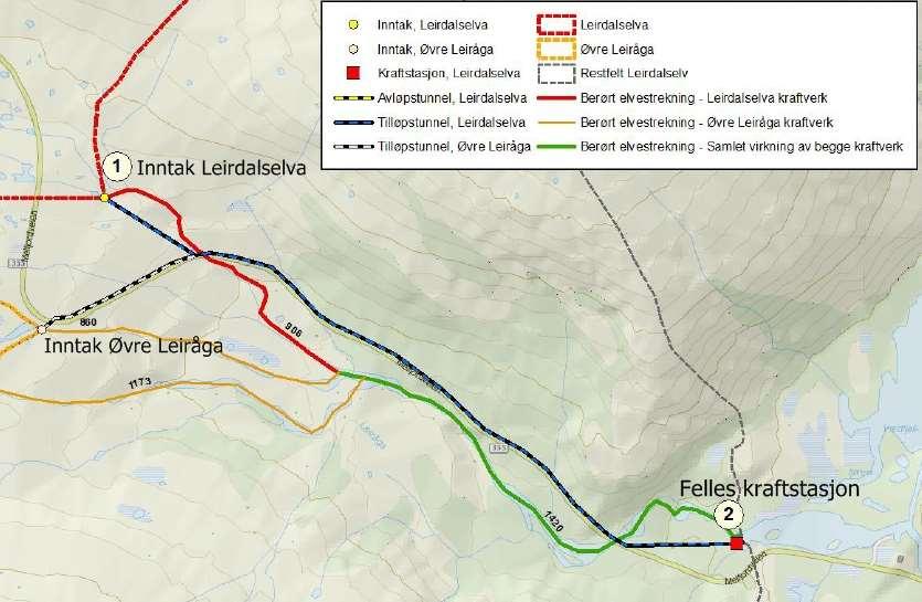 Berørt elvestrekning (fra punkt 1 til punkt 2) vises med rød strek