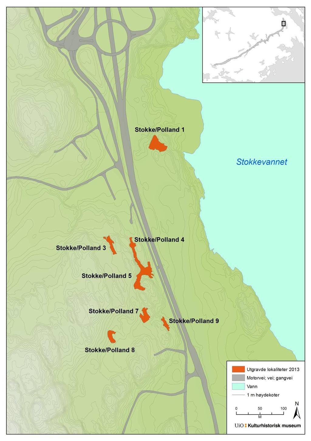 Figur 2 Flyfoto som viser Stokke/Polland 7 sin beliggenhet i forhold til de nærmest omkringliggende lokalitetene som også