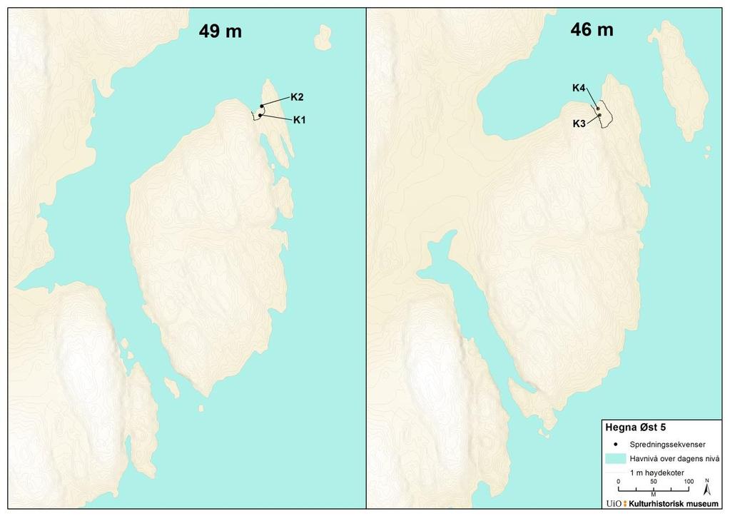 22/2-24/2., Bamble kommune 2010/15462. Figur 10 Lokaltopografi ved ulike høydenivåer. Endret havnivå viser topografien når de ulike konsentrasjonene kan ha vært i bruk.