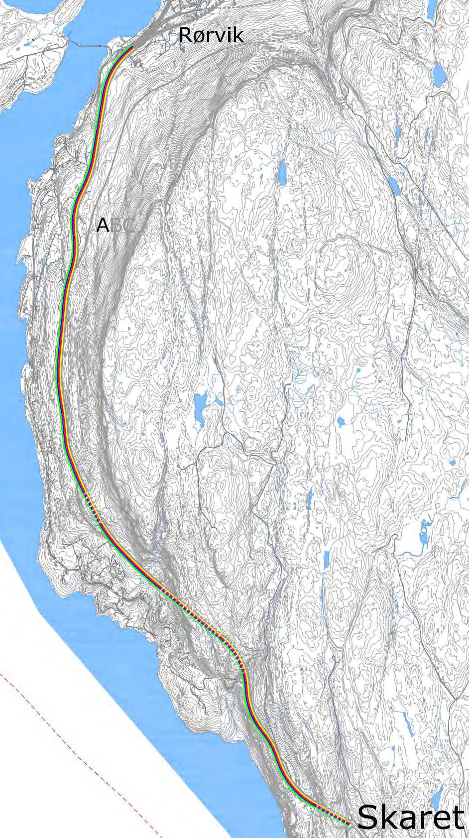 Felles for grønn, blå og rød korridor på strekningen Skaret - Rørvik Kun