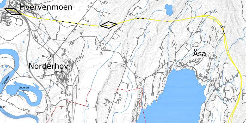 Utsnitt III: Åsa - Hvervenmoen Veg på tvers av terrengformene medfører behov