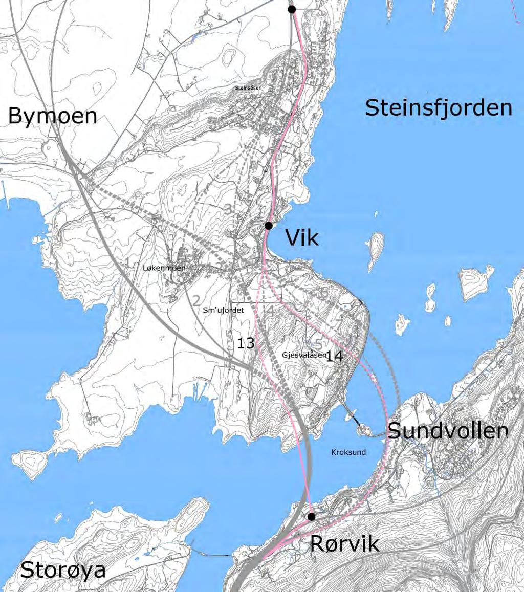 Rosa korridor Rørvik - Stein To alternativer (begge nye): Alternativ 13: Bru over Kroksund Alternativ 14: Undersjøisk tunnel