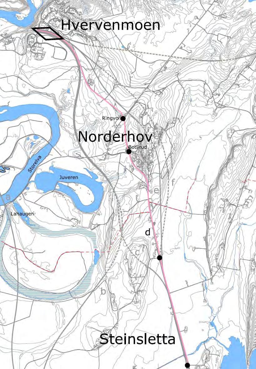 Rosa korridor Stein - Hvervenmoen Mest mulig i dagens trasé Smal (min.