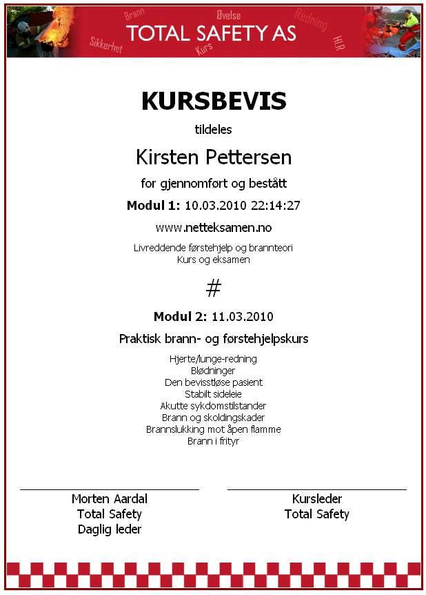 Kursbevis Utseende på kursbevis