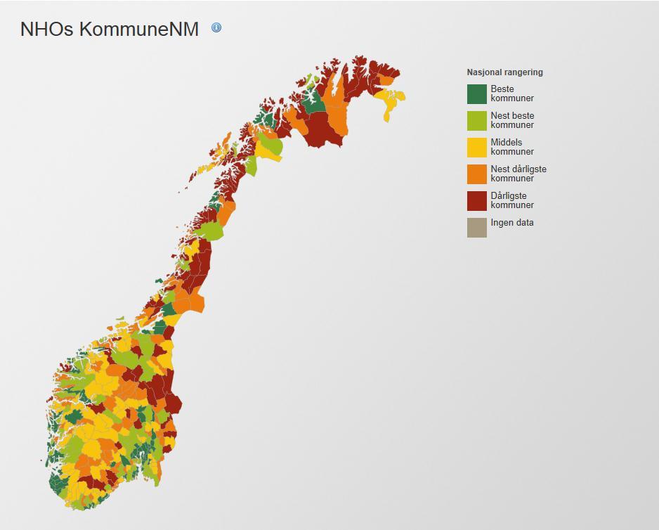 Trykk her for å gå til NHOs Kommune NM Topp 10 Høyest rangerte kommuner Topp 10 Lavest rangerte kommuner 1 Sola 428 Torsken 2 Oslo 427 Røst 3 Bærum 426 Loppa 4