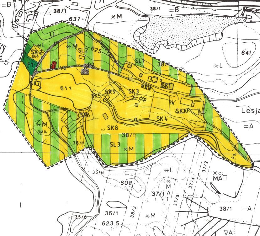 Figur 11: Reguleringsplan for området rundt Lesjaverk gård ifm. kulturminner rundt masovnen. Eksisterende produksjonsbrønner er markert på kartet med røde sirkler.