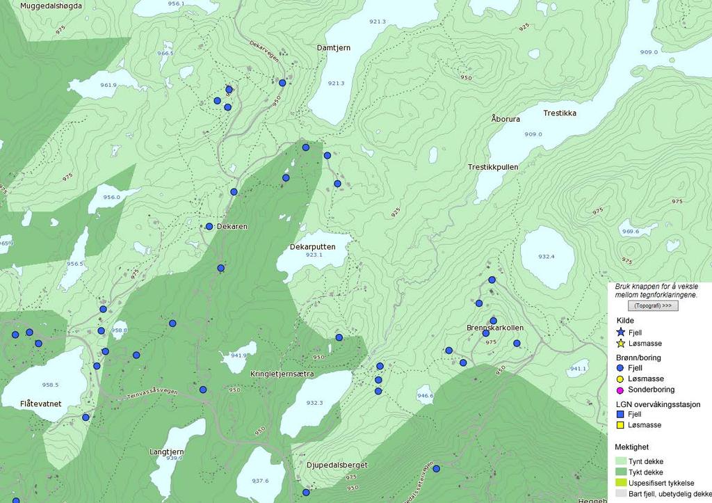 4.3 OVERSIKT EKSISTERENDE GRUNNVANNSBRØNNER/ LØSMASSEMEKTIGHET Det er boret flere fjellbrønner i områdene rundt planlagte hyttefelt som forsyner eksisterende fritidseiendommer.