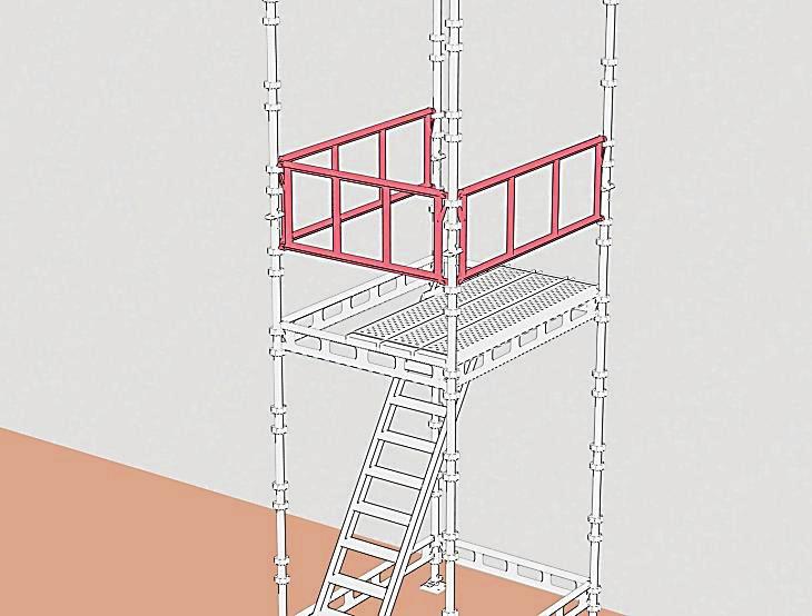 Trappetårnet skal ha rekkverk på 3 sider. Trappetårn trenger ikke fotlister hvis det ikke skal jobbes fra de forskjellige nivåene.