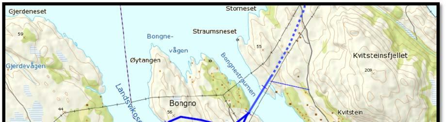 2 Alternative løsninger Bilde: Kartutsnitt fra Norgeskart.no med inntegning av de 2 alternative kryssingene av Landsvikosen/Bognøystraumen. 2.2 Ulike brotyper vurdert for alternativ B.