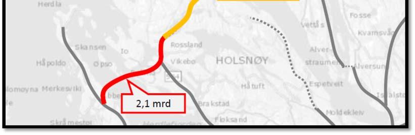 2 Alternativ B Totalkostnad er beregnet til 1680 mill. Av dette utgjør broen over Landsvikosen ca.750 mill., bro over Bognøystraumen ca. 350 mill. og tunnel på Radøy ca. 375 mill.