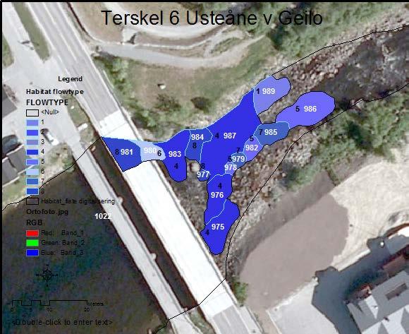 Figur 32. Strømtyper (tall/farge) ved betongsterskelen ved Geilo bru. 7.4 Forslag til biotop tiltak Terskel 3 Fossgård. Dette er en bred og lang terskel med sammensatte habitater (Fig. 20, 33, 34).