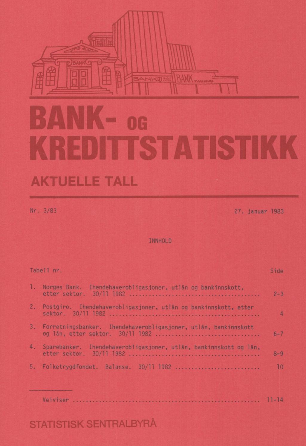 Nr. 3/83 27. januar 1983 INNHOLD Tabell nr. 1. 2. 3. 4. Norges Bank. Ihendehaverobligasjoner, utlån og bankinnskott, etter sektor. 30/11 1982 Side 2-3 Postgiro.