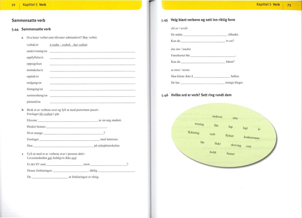72 Kapittel 5 Verb Kapittel 5 Verb l 73 -~--~ Sammensatte verb 5 44 Sammensatte verb a Hva heter verbet som tilsvarer substantivet? Bøy verbet.