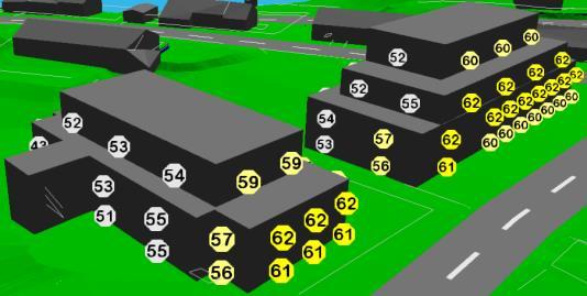 Figur 7: Fasadenivåer Lden, sett fra nord (venstre) og sør (høyre).