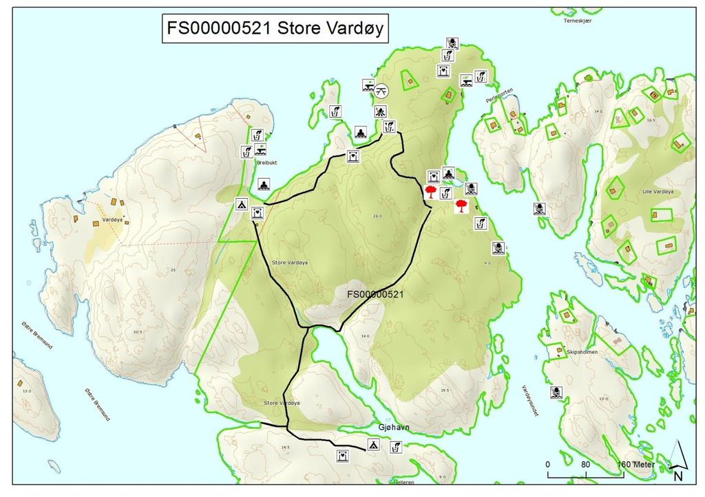 DEL 2: Forvaltningsplan : Store Vardøya Kart nr. 2: Store Vardøya, FS00000521 med Breibukt, FS00000522. Røde symboler står for nye tiltak. Sorte symboler står for eksisterende tilrettelegging.