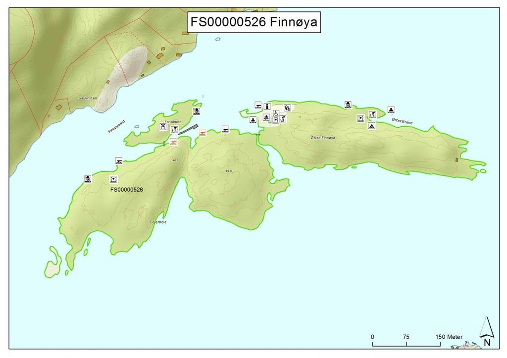 DEL 2: Forvaltningsplan : Finnøya Kart nr. 5: Finnøya, FS00000526. Røde symboler står for nye tiltak. Sorte symboler står for eksisterende tilrettelegging. Tegnforklaring jf. figur: 1.