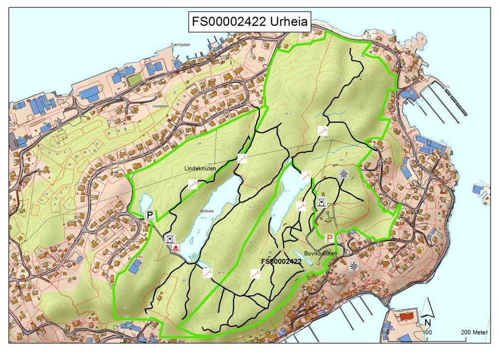 DEL 2: Forvaltningsplan : Urheia Kart nr. 6: Urheia, FS00002422. Røde symboler står for nye tiltak. Sorte symboler står for eksisterende tilrettelegging. Tegnforklaring jf. figur: 1.