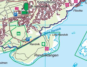 Kart nr. 10: Kyststi, tursti gjennom Randvik som planlegges å inngå i en kyststirute. Blå markering viser lav grad av til rettelegging, kun skilting og merking.