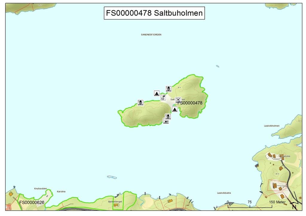 Kart nr. 11: Saltbuholmen, FS00000478. Røde symboler står for nye. Sorte symboler står for eksisterende tilrettelegging. Tegnforklaring jf. figur:1. 1. Områdebeskrivelse/status Gnr/ Bnr 5/163, 164 FS-nummer naturbase.