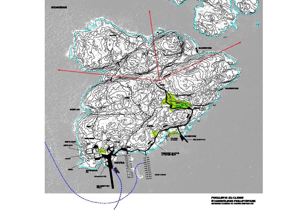 Fotografier Stangholmen fyr Kart nr. 13. Situasjonsplan for utvikling av Stangholmen friluftspark. Foreløpig plan av 22.12.