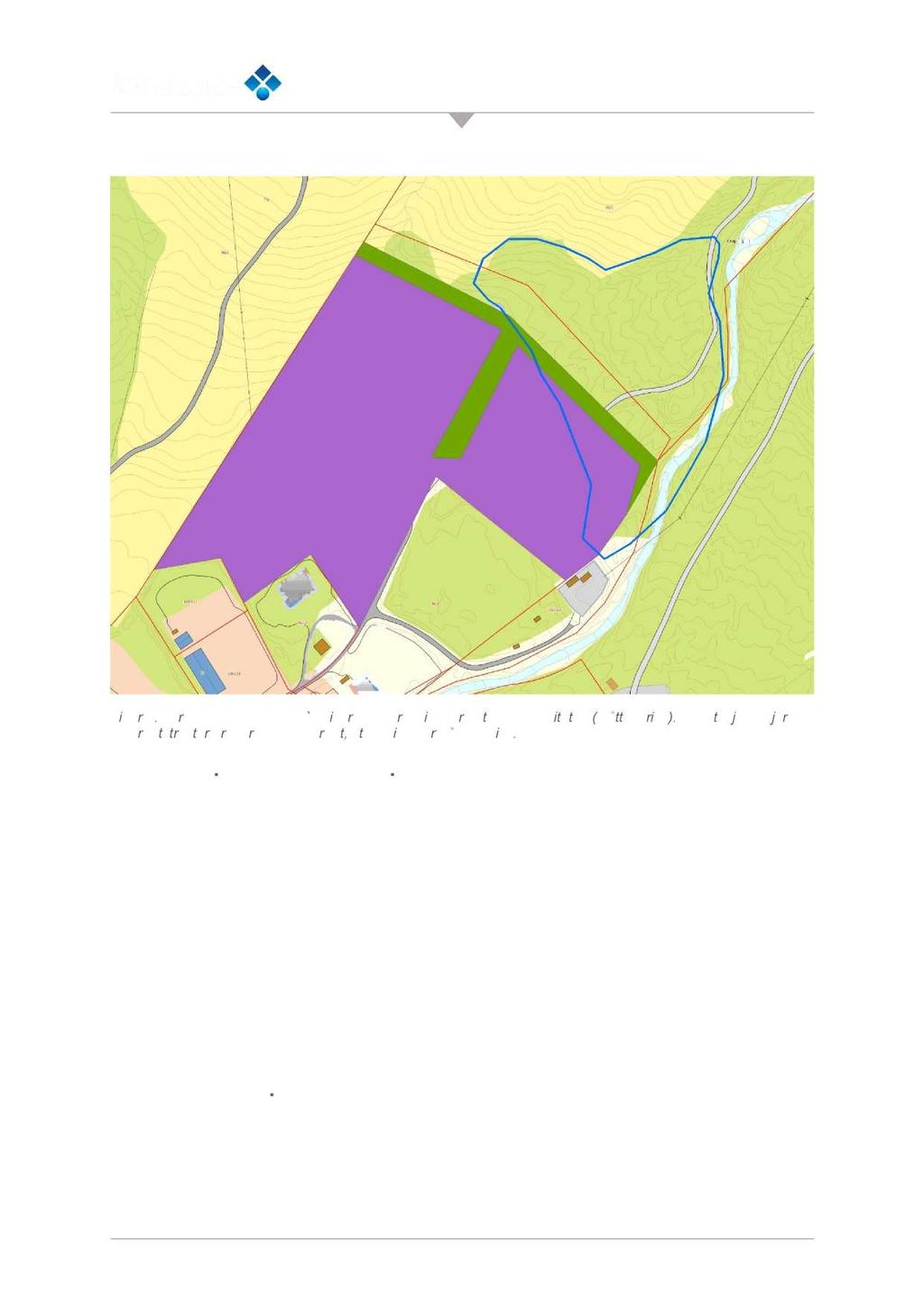 Figur 4. Forenkla plankart som òg viser ny avgrensing for naturtypelokaliteten (blått omriss). Vegetasjonsskjerm og grøntstruktur er markert med grønt, utbyggingsformål med lilla.