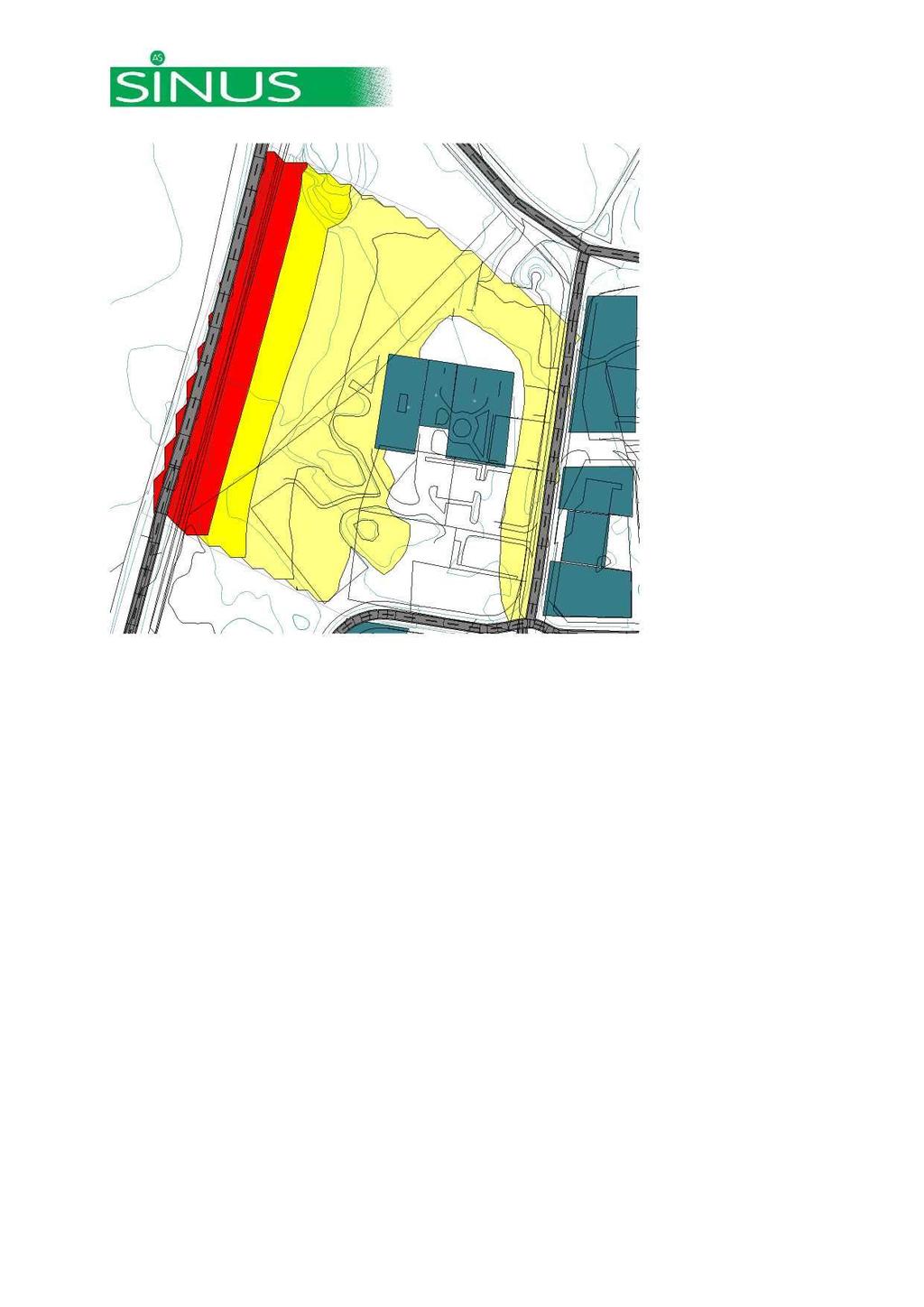 Figur 3: Lden, støynivå fra vegtrafikk (rød og gul støysone iht. T - 1442). I gjeldende s entrumsplan, 0442, er det skissert næringsbebyggelse på området vest for det nye kommunehuset.