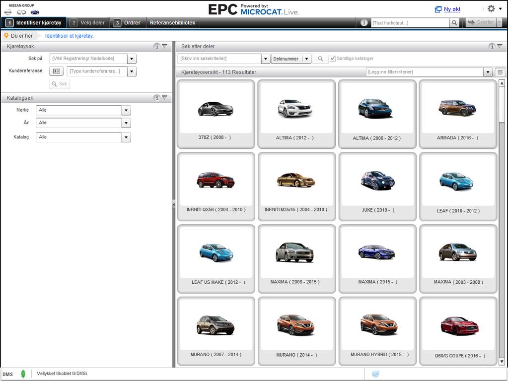 IDENTIFISER KJØRETØY Nissan EPC drevet av Microcat Live tilbyr deg det ypperste delesalgsystemet. Ta en titt på de viktigste skjermene for å komme i gang.