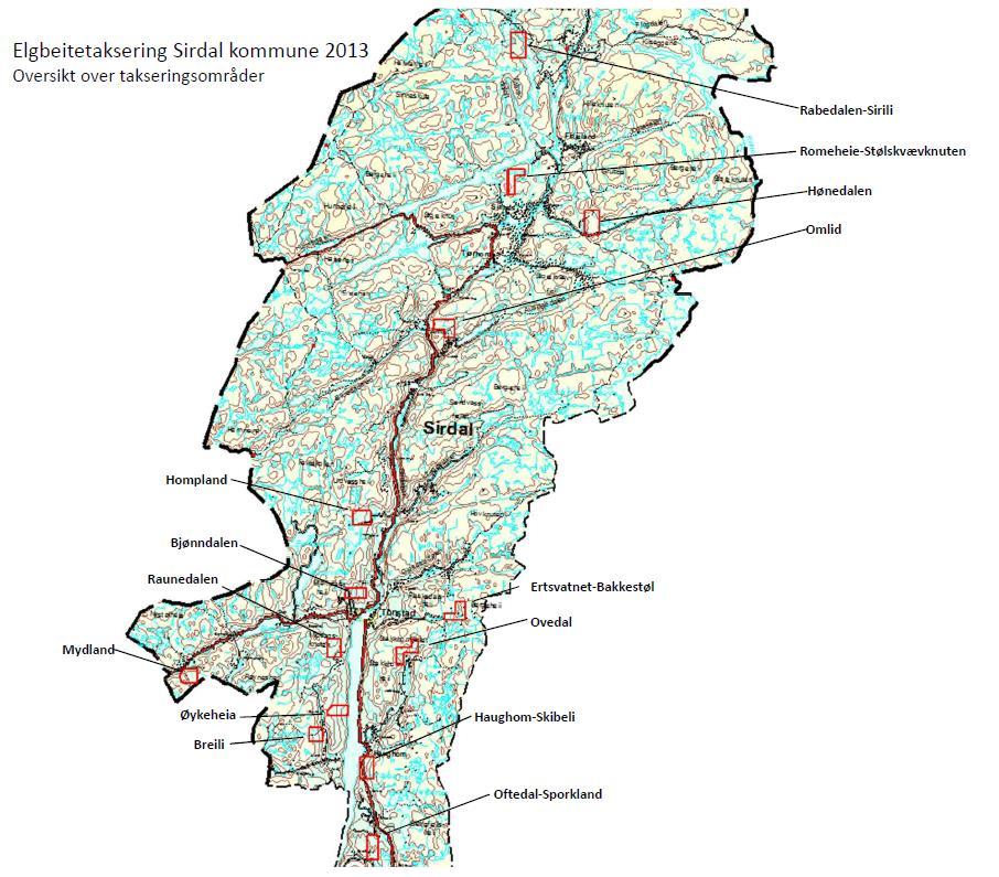 Figur 3. Takstområdenes beliggenhet i Sirdal kommune.