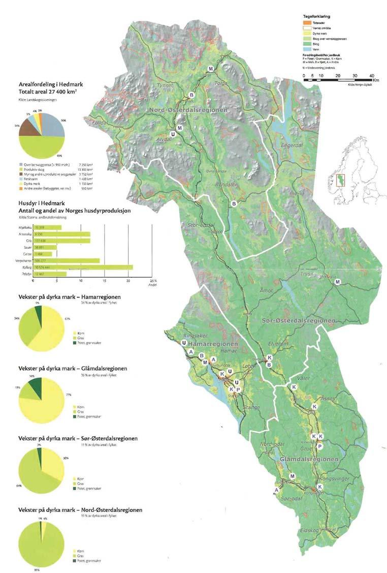 8 Regioner i Hedmark Det er fire regioner i Hedmark som alle er svært forskjellige mht jordsmonn og klima. De ulike regionene består av følgende kommuner: - Hedmarken: Hamar, Løten, Ringsaker, Stange.