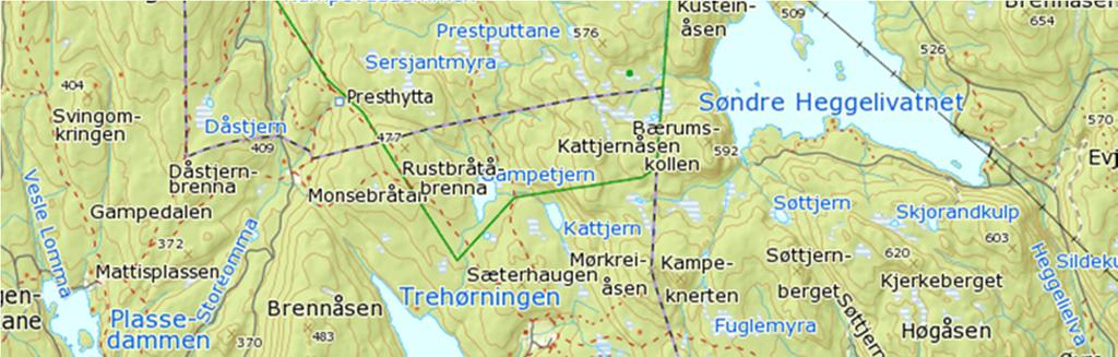 Dammen ligger i sørenden av vannet, se Figur 1. Fra Trehørningen fører vassdraget videre til Byvatn, Småvatna og ned i Aurevatn, som er inntak for vannforsyningen til Bærum kommune.