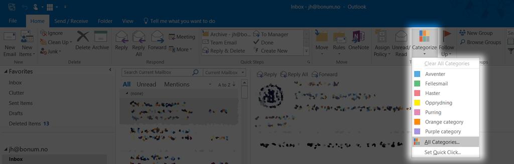 Opprett kategorier Før du organiserer mailen er det greit å ha noen kategorier klare. Åpne oversikten ved å velge «Alle kategorier» under «Kategoriser» på toppmenyen.