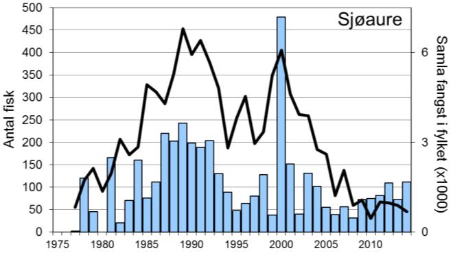 FANGST OG SKJELPRØVAR I DIRDALSELVA Gjennomsnittleg årsfangst av laks i perioden 1978-2014 var 280 laks (snittvekt 3,1 kg).