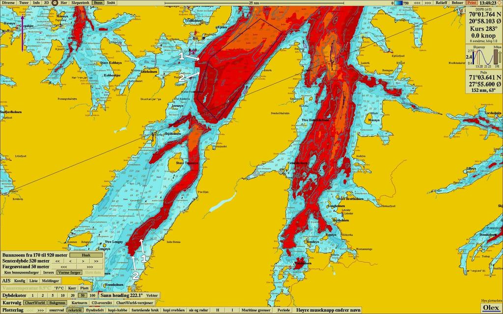 263 Eksisterende dybdegrense (200 m) vises i tynn, blå strek (markert med tallet 1 på første kartbilde).