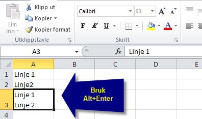 11. Lag nye tekstlinjer i en celle. Ønsker du å ha flere tekstlinjer i en Excel Celle så hjelper det ikke å trykke Enter. Da kommer du bare til linjen under.