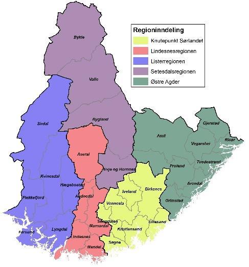 11 Figur 2 viser regioninndelingen i Agderfylkene: 1 knutepunkt Sørlandet består av kommunene Kristiansand, Lillesand, Vennesla, Søgne, Songdalen, Iveland og Birkenes 2 Lindesnesregionen består av