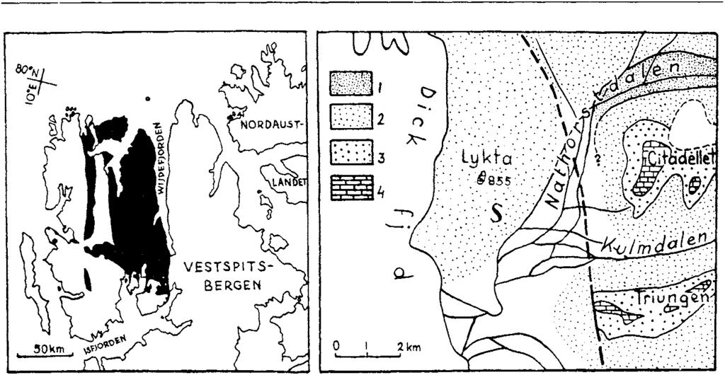 138 KRZYSZTOF BRKENMAJER {,/) 0.:J \s \ O ro ::) A B A - B - Fig. 1. Position of Lykta icithin the Devonian basin of central-north Vestspitsbergen. Geological fratures after P. F. FREND (1961).