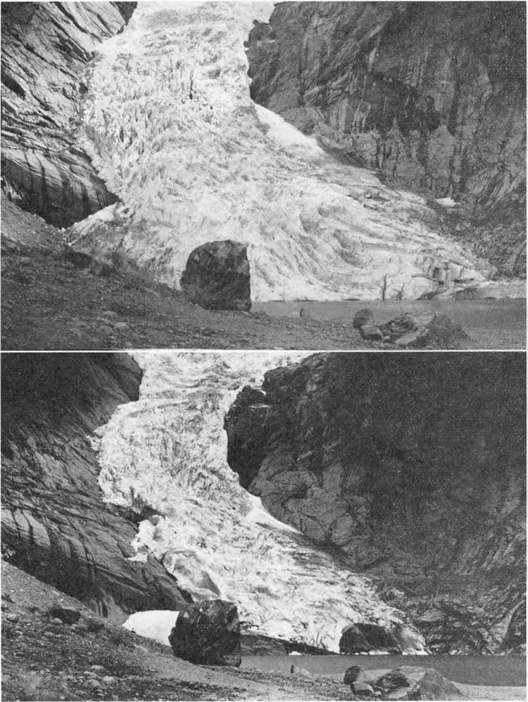 NORSK POLARNSTTUTTS VRKSOMHET 1963 237 Fig. 5. Bildene viser Briksdalsbreen, en nordvestlig utløper fra Jostedalsbreen, som har blitt undersøkt av glasiolog 0.