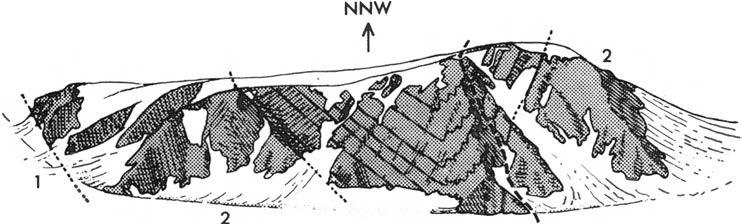 GEOLOGY OF THE UPPER GRUSDEVBREEN AREA, OLAV V LAND 87 3 /:;".../-'.,-././ / "" - -- :,... ---... "; - -- Fig. 4. Faulting and folding exposed in S Rheanuten.