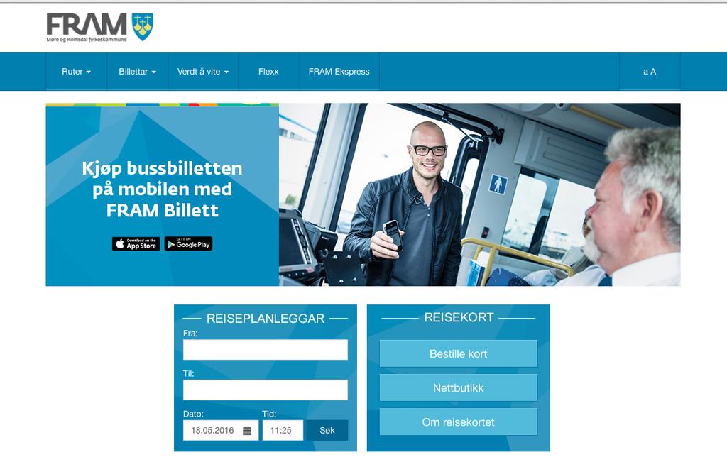 Informasjon om nettsida til FRAM Nettsida til FRAM er frammr.no, og inneheld nyttig informasjon for deg som reisar kollektiv med buss, ferje og hurtigbåt i Møre og Romsdal fylke. På frammr.