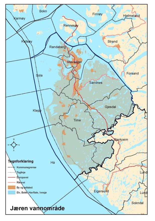 Sola kommune er del av Jæren vannområde, se figur 1. Sola kommune er delt inn i 11 vannforekomster som fordeler seg på 4 elve- og bekkefelt, 1 innsjø og 6 kystvannsforekomster.