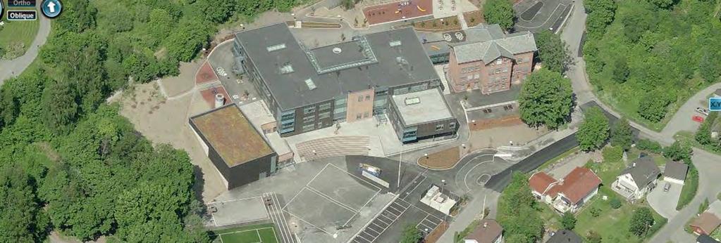 Oversiktsbilde, Evje skole med sedum tak på idrettshallen i midten.
