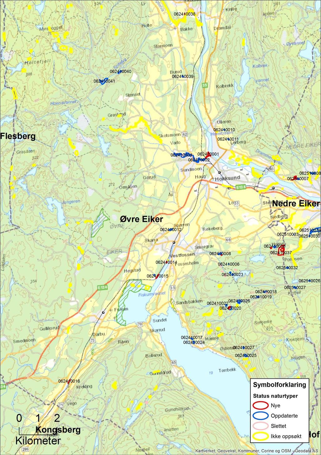 Figur 6: Kart over naturtypelokaliteter som er kvalitetssikret gjennom dette prosjektet i 2015 i Øvre Eiker kommune.