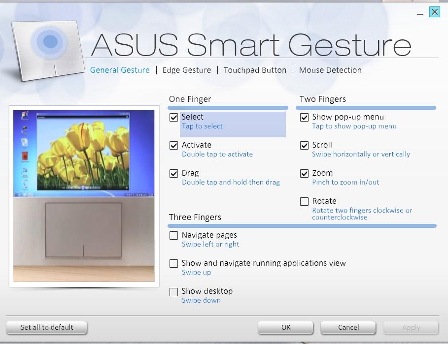3. I ASUS Smart Gesture-vinduet, avmerk Rotate (Rotere) og elementene under Three fingers (Tre fingre). 4.