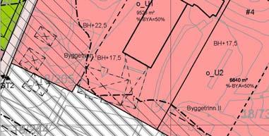 Området markert med rødt er avsatt til utbyggingsformål (o_u2) i gjeldende plan, med byggehøyde inntil kotehøyde 17,5.