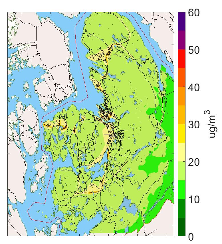 Beregningsresultatene for dagens situasjon (2015) og referansesituasjonen 2021 i forhold til forskriftens krav til døgnmiddelverdier for PM10.