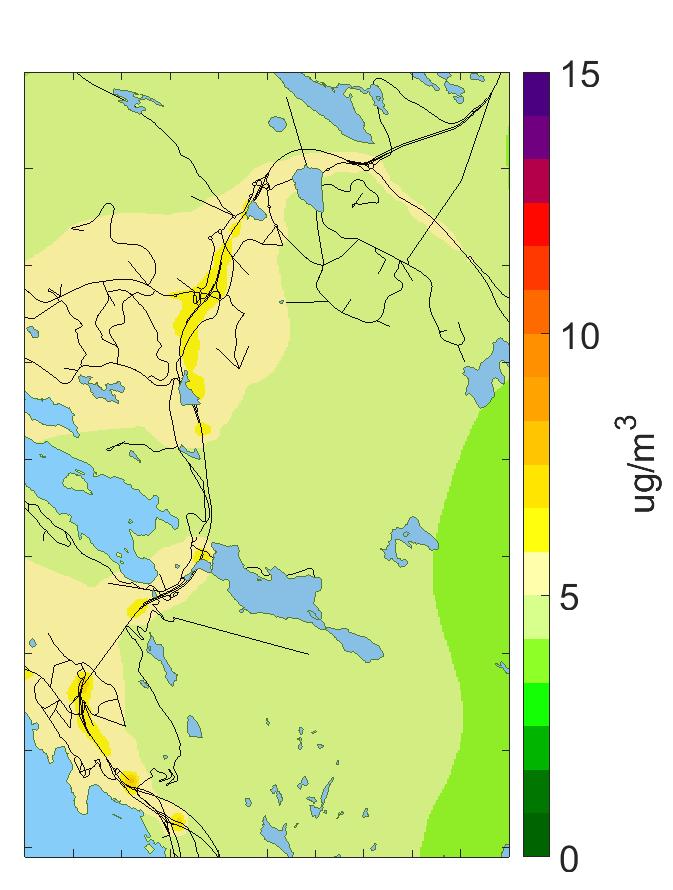 a) b) Figur 53: Beregnet årsmiddelkonsentrasjon for PM 2.